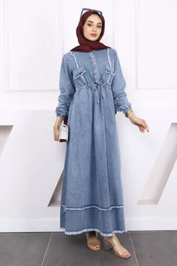 Mavi Püsküllü Bel Bağlamalı Kot Elbise