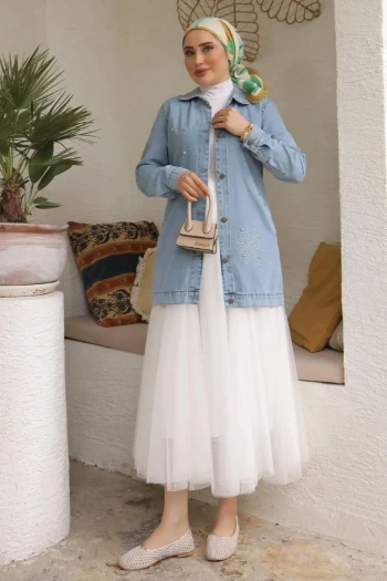 Mavi Taşlı Cepli Kot Ceket