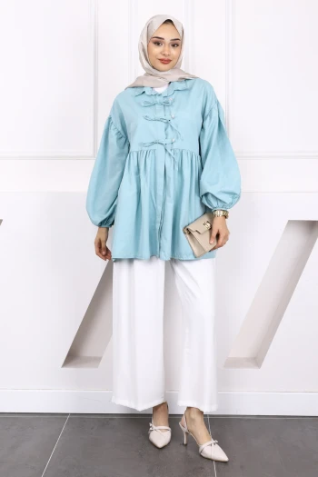 Mint Yeşili Kol Lastikli Ön Düğmeli Tunik