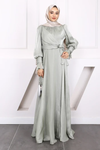 Mint Yeşili Yan Bağlamalı Kol Detaylı Abiye