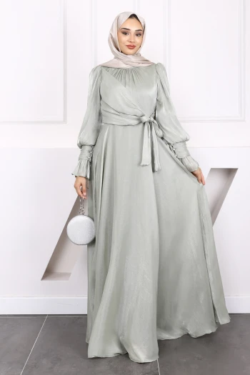 Mint Yeşili Yan Bağlamalı Kol Detaylı Abiye