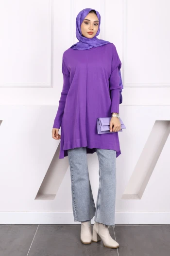 Mor Bisiklet Yaka Merserize Salaş Triko Tunik