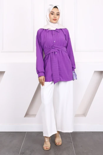 Mor Kuşak Detaylı Bürümcük Gömlek