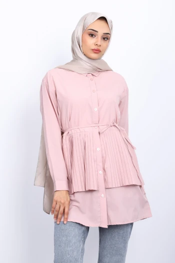 Pembe Yan Bağlamalı Poplin Tunik