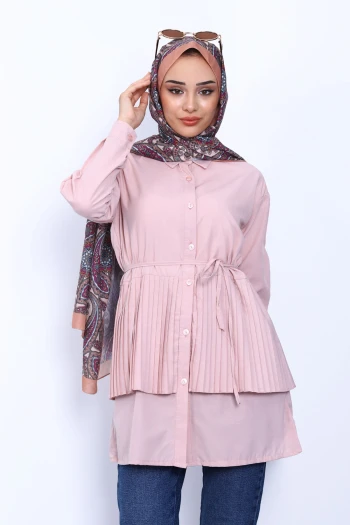 Pudra Yan Bağlamalı Poplin Tunik