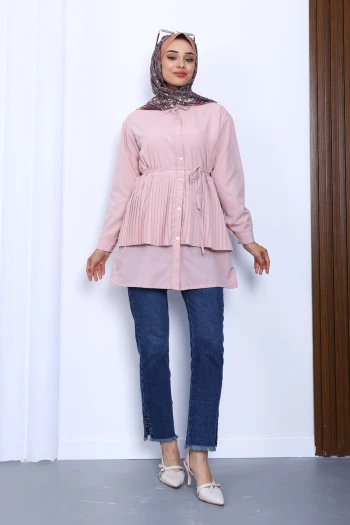 Pudra Yan Bağlamalı Poplin Tunik
