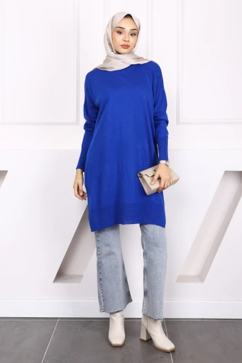 Saks Mavi Mevsimlik Merserize Salaş Triko Tunik