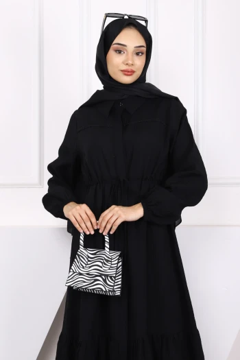 Siyah Bel Bağlamalı Dantelli Elbise
