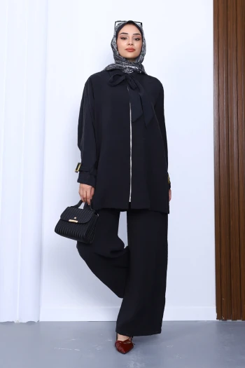 Siyah Fermuarlı Modal Tunik Pantolonlu Takım