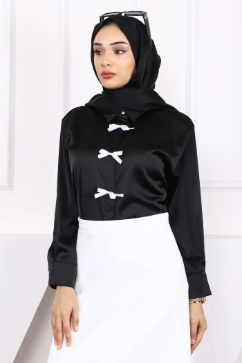 Siyah Fiyonklu Saten Gömlek