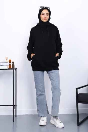 Siyah Kanguru Cepli Modal Sweatshirt
