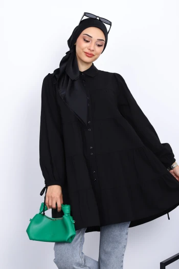 Siyah Kol Bağcıklı Tunik