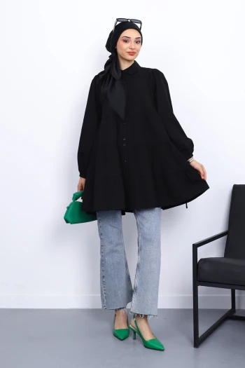 Siyah Kol Bağcıklı Tunik