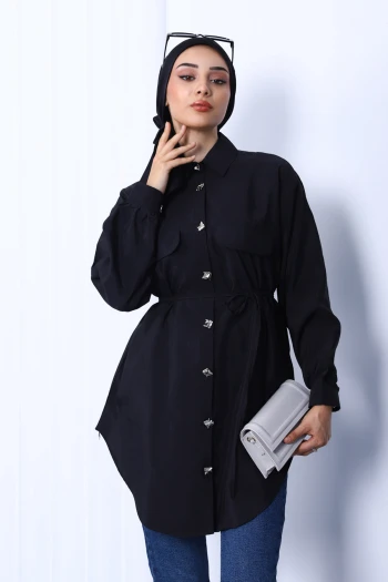 Siyah Ön Düğmeli Modal Tunik