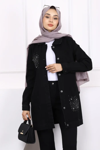 Siyah Taşlı Cepli Kot Ceket