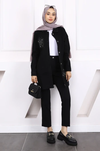 Siyah Taşlı Cepli Kot Ceket