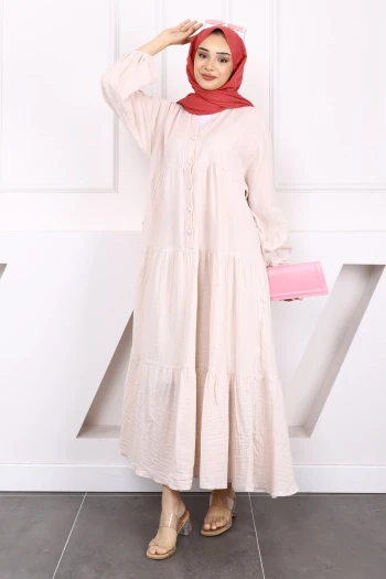 Taş Yarım Düğmeli Katlı Müslin Elbise