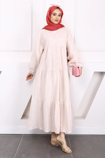 Taş Yarım Düğmeli Katlı Müslin Elbise