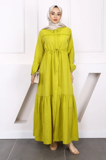 Yağ Yeşili Bel Bağlamalı Dantelli Elbise