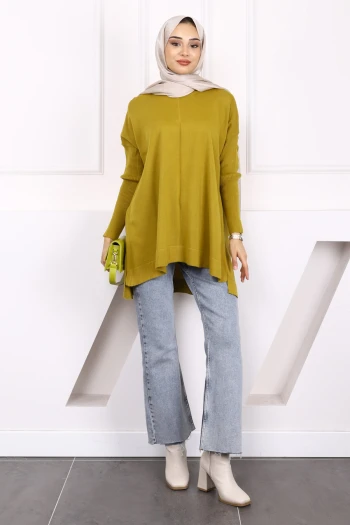 Yağ Yeşili Bisiklet Yaka Merserize Salaş Triko Tunik