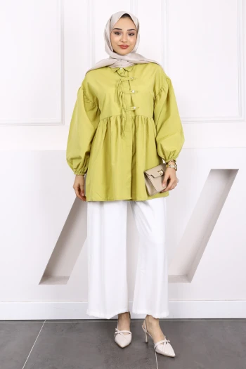 Yağ Yeşili Kol Lastikli Ön Düğmeli Tunik