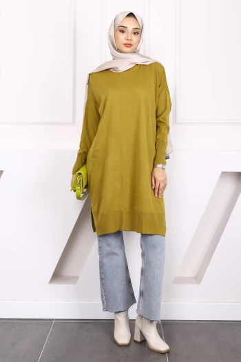 Yağ Yeşili Mevsimlik Merserize Salaş Triko Tunik
