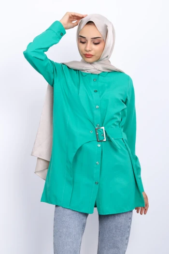 Yeşil Yanı Tokalı Poplin Tunik