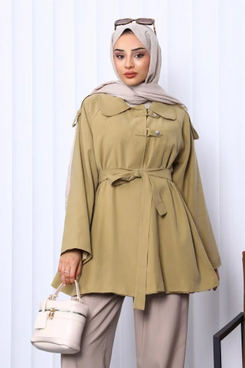 Açık Haki Apolet Detaylı Kuşaklı Trençkot