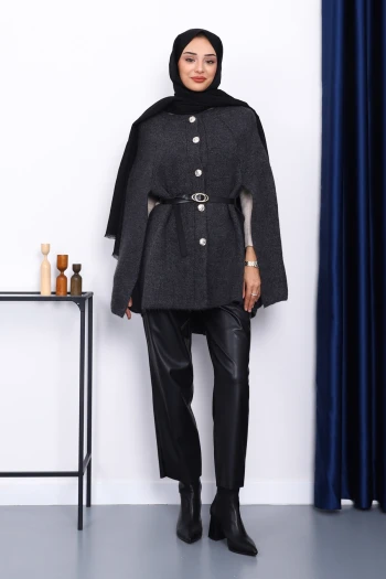 Antrasit Kemerli Şordonlu Triko Panço