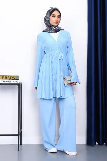 Bebe Mavi Bel Kuşaklı Hırka Pantolonlu Takım