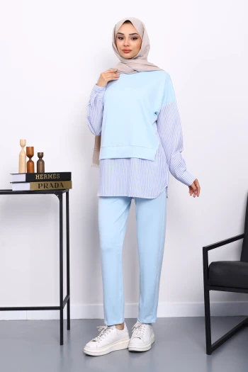 Bebe Mavi Gömlek Garnili Modal Tunik Pantolonlu Takım