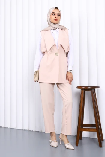 Bej Bel Lastikli Yelek Pantolonlu Takım