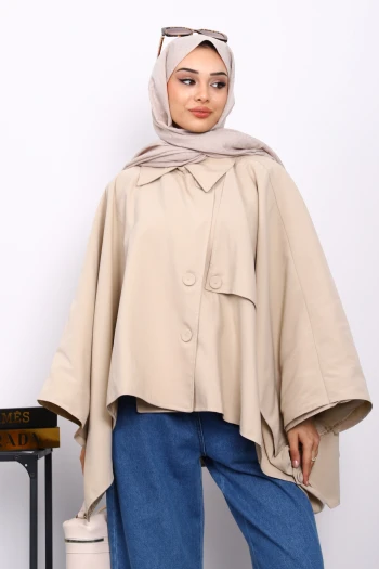 Bej Düğmeli Astarlı Panço Trençkot