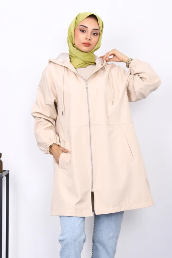 Bej Kapüşonlu Arkası Nakışlı Trençkot