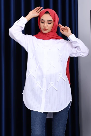 Beyaz Önü Fiyonklu Tunik