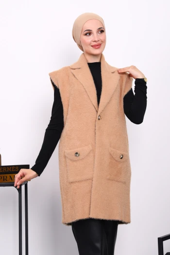 Bisküvi Cepli Uzun Angora Yumoş Yelek