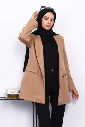Bisküvi Düğmeli Kruvaze Yaka Krep Ceket