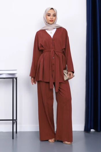 Bordo Bel Kuşaklı Keten Kimono Pantolonlu Takım