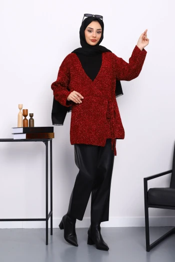 Bordo Bel Kuşaklı Simli Hırka