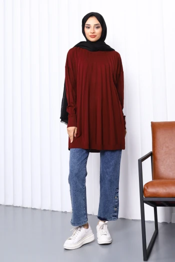 Bordo Bisiklet Yaka Merserize Triko Tunik