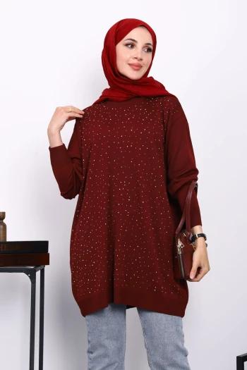 Bordo Bisiklet Yaka Taş İşlemeli Tunik