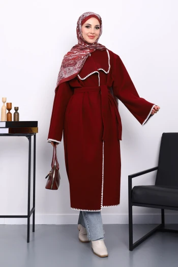 Bordo Çoban Dikişli Şal Yaka Kaşe Kaban