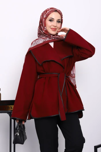 Bordo Deri Biyeli Şal Yaka Kaşe Kaban