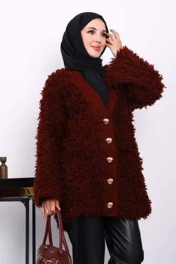 Bordo Düğmeli Angora Hırka