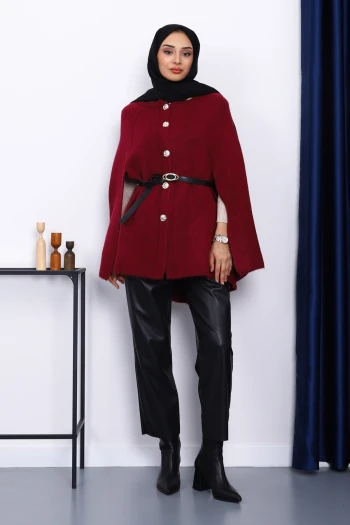 Bordo Kemerli Şordonlu Triko Panço