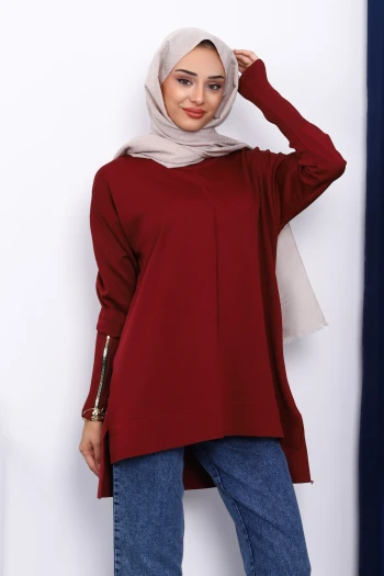Bordo Kol Fermuarlı Soğuk İplik Triko Tunik