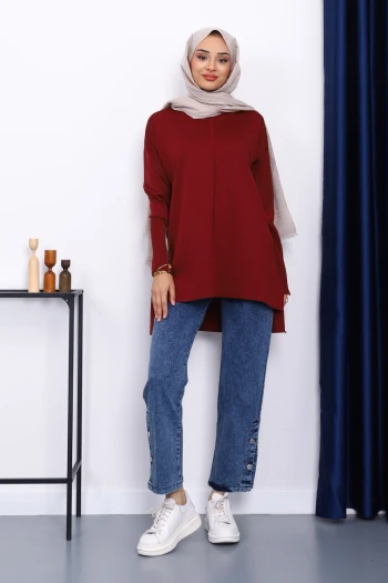 Bordo Kol Fermuarlı Soğuk İplik Triko Tunik