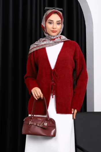 Bordo Ön Bağlama Detaylı Angora Yumoş Hırka