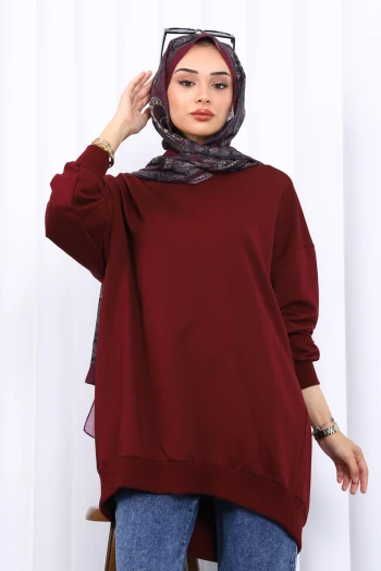 Bordo Önü Kısa Arkası Uzun Oversize Sweatshirt