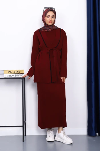 Bordo Triko Hırka Elbiseli Kombin